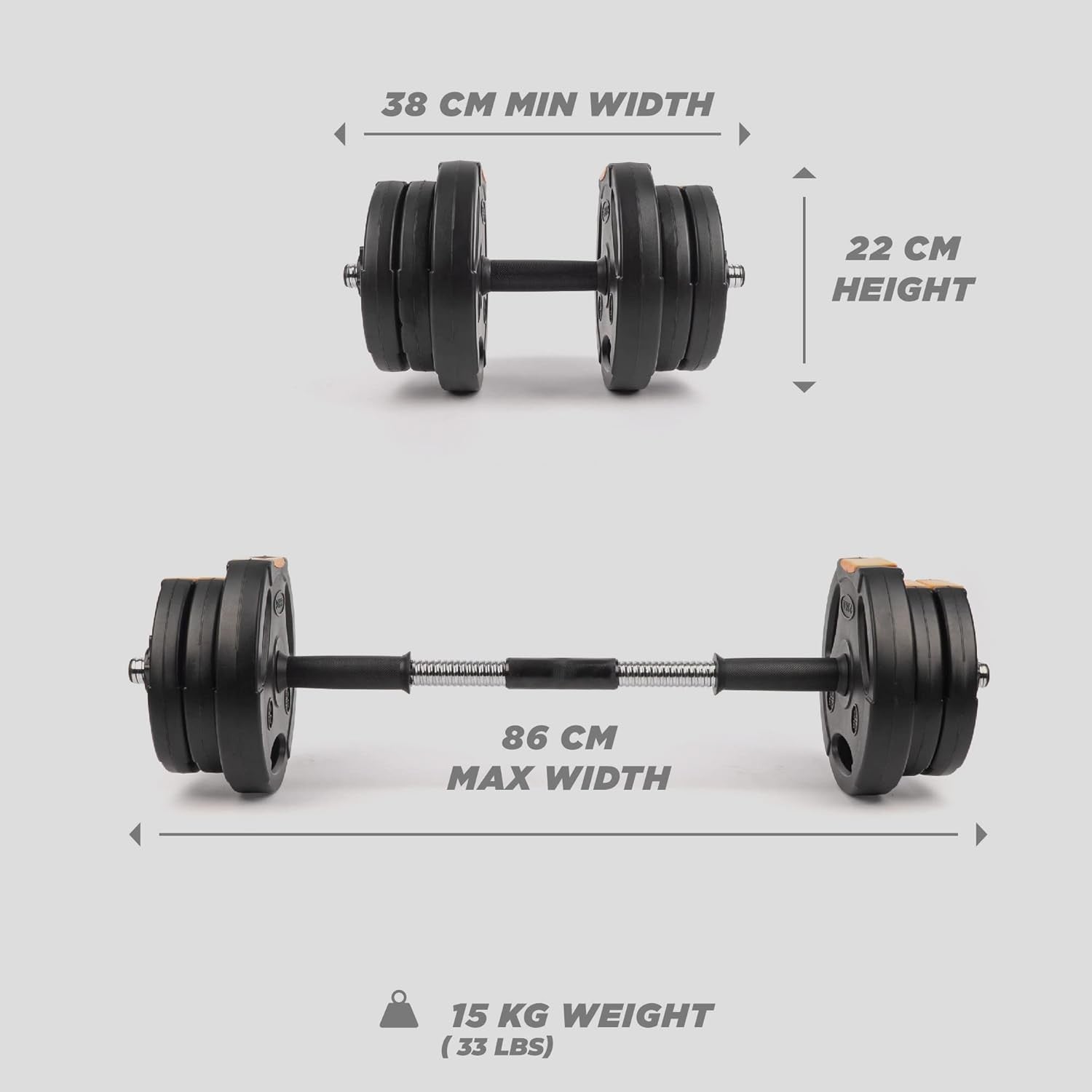 2-in-1 Adjustable Dumbbell Barbell Set Up to 15kg Home Gym Strength Weights