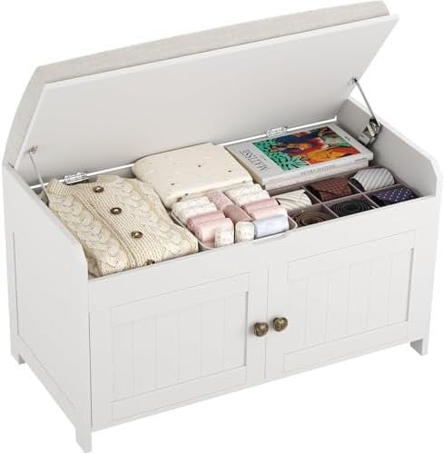 White Shoe Storage Bench with Cushion Seat 2-Door Cabinet Entryway 76x39x46cm
