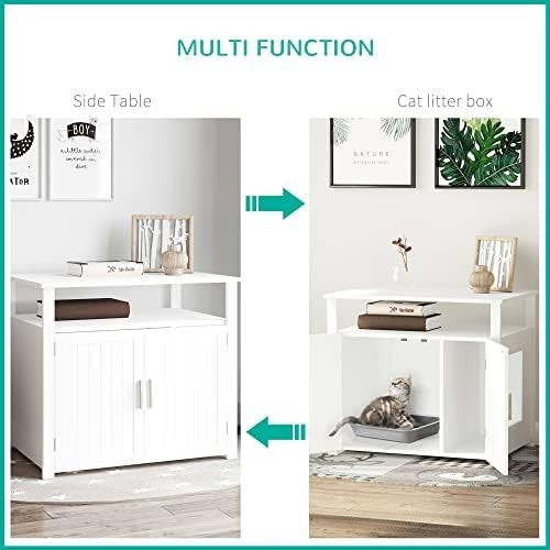 Modern Hidden Cat Litter Box Cabinet with Shelves, Large Storage & Side Table