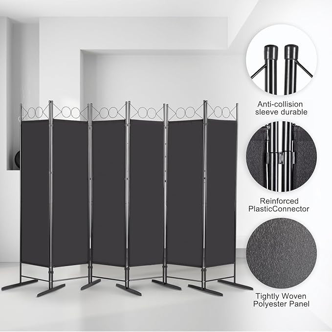 Black 6 Panel Room Divider 5.7FT Folding Privacy Screen – Portable Partition Wal