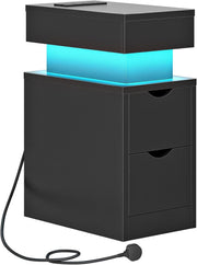 Modern Black LED Bedside Table with Charging Station & 2 Drawers
