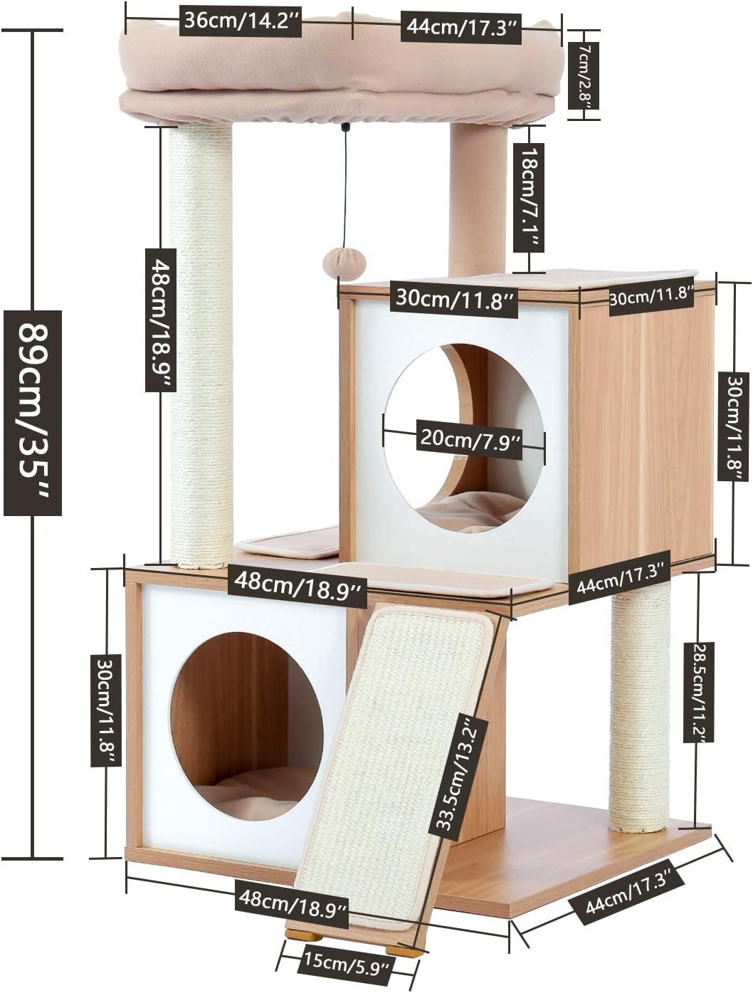 89cm Beige Wooden Cat Tree Tower Double Condo Sisal Scratching Posts