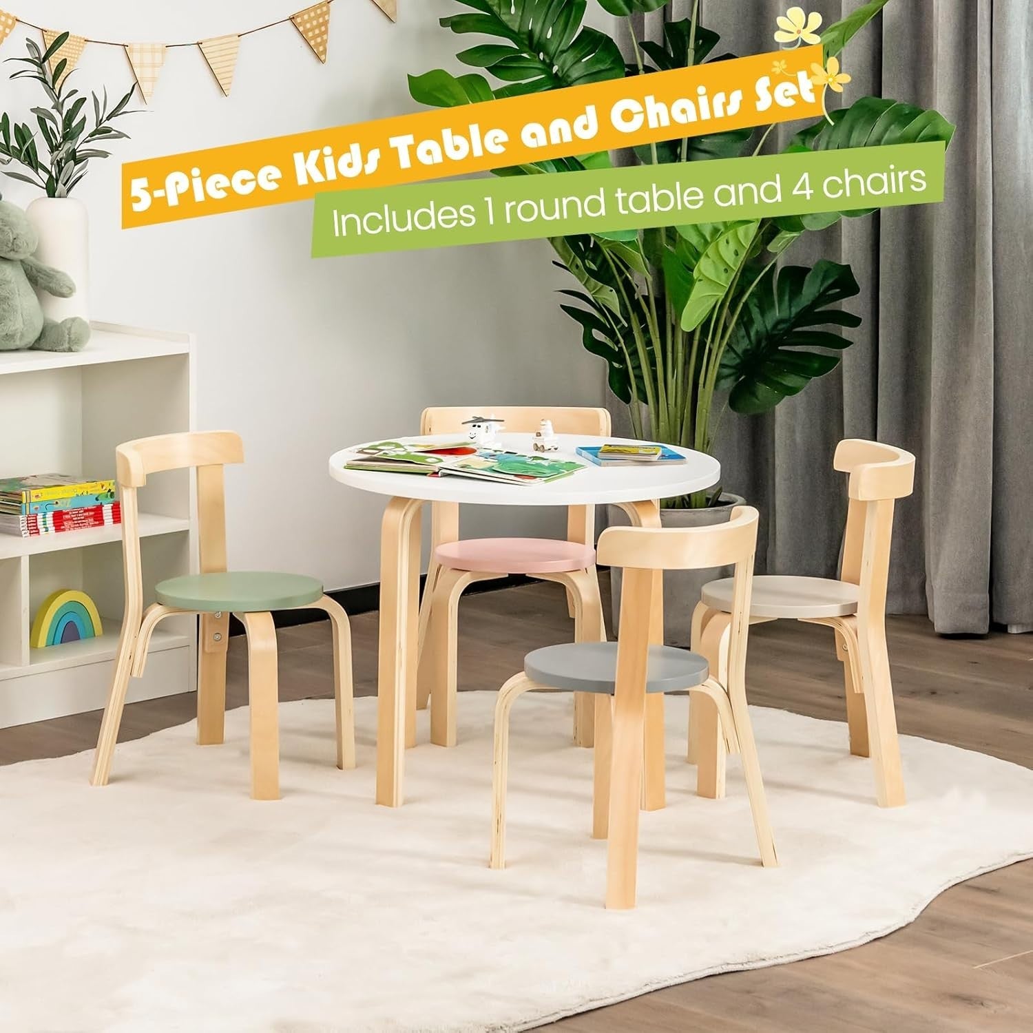 Kids 5-Piece Table & Chair Set, Wooden Round Activity Furniture for Play & Learn