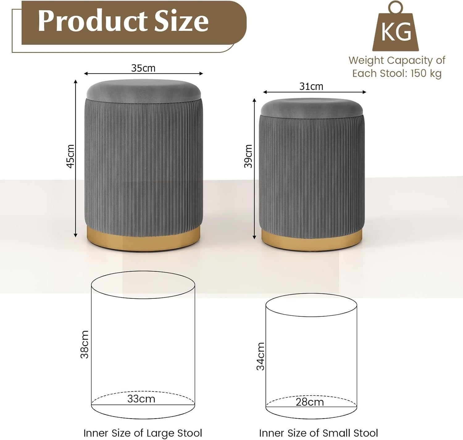 Grey Velvet Nesting Footstools Set of 2 Storage Ottomans Round Gold Base