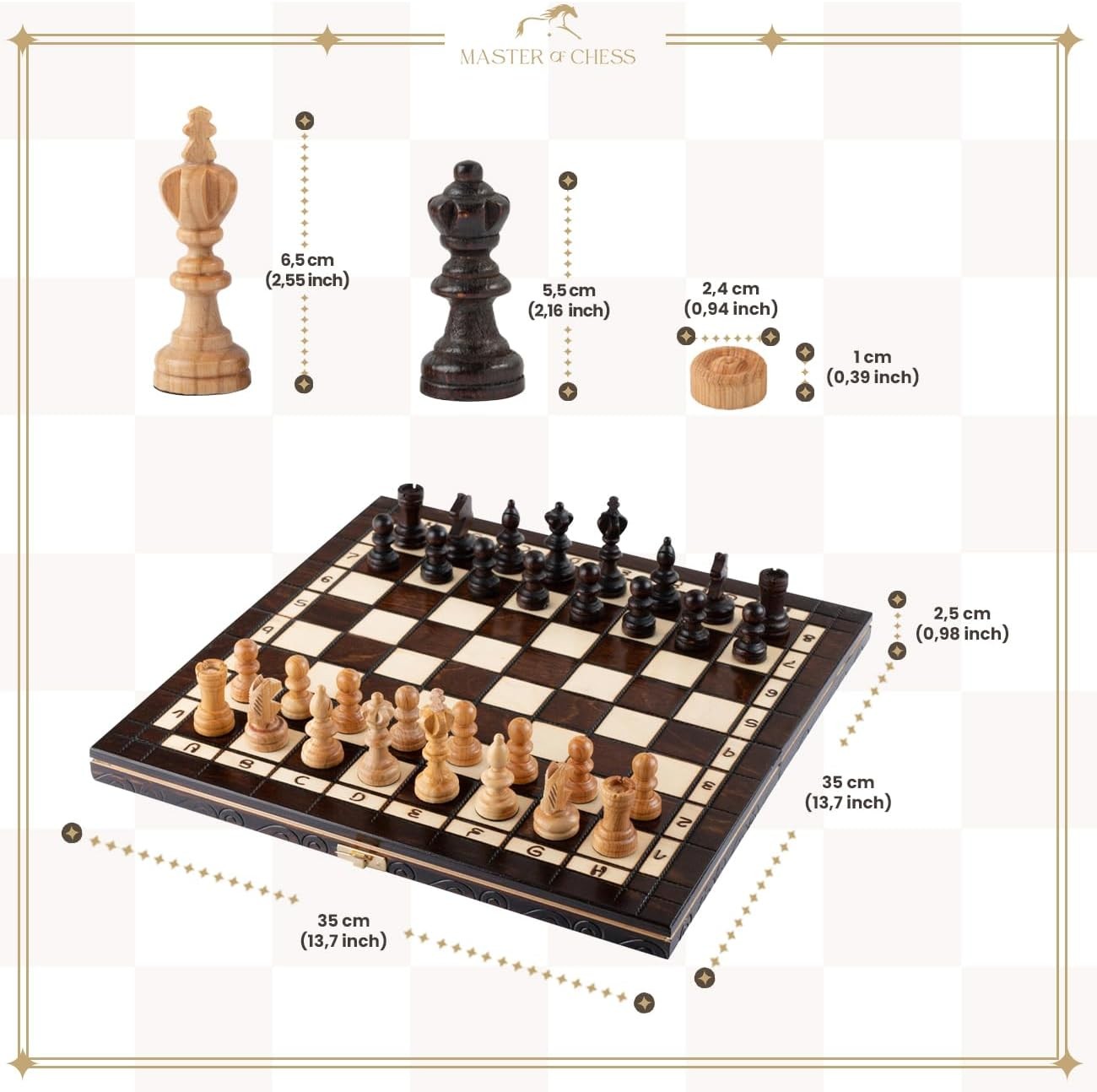 35cm Cherry Wood Chess & Draughts Set | 2-in-1 Folding Board Game for Adults & K