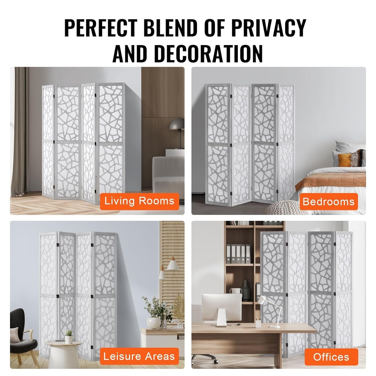 4 Panel White Carved Wood Folding Room Divider Privacy Screen 162x170cm