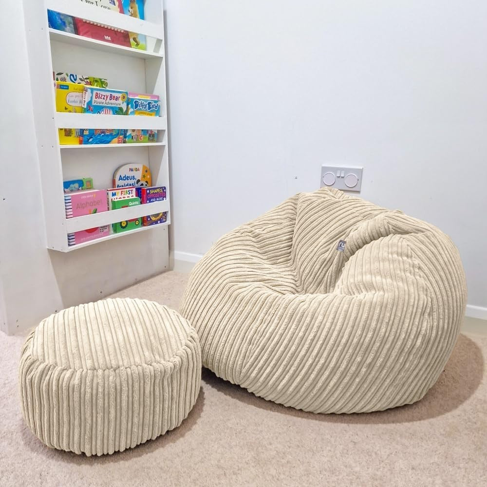 Kids Cord Bean Bag Chair - Soft Mini Slouch Seat, Ivory, Washable, 60x80cm