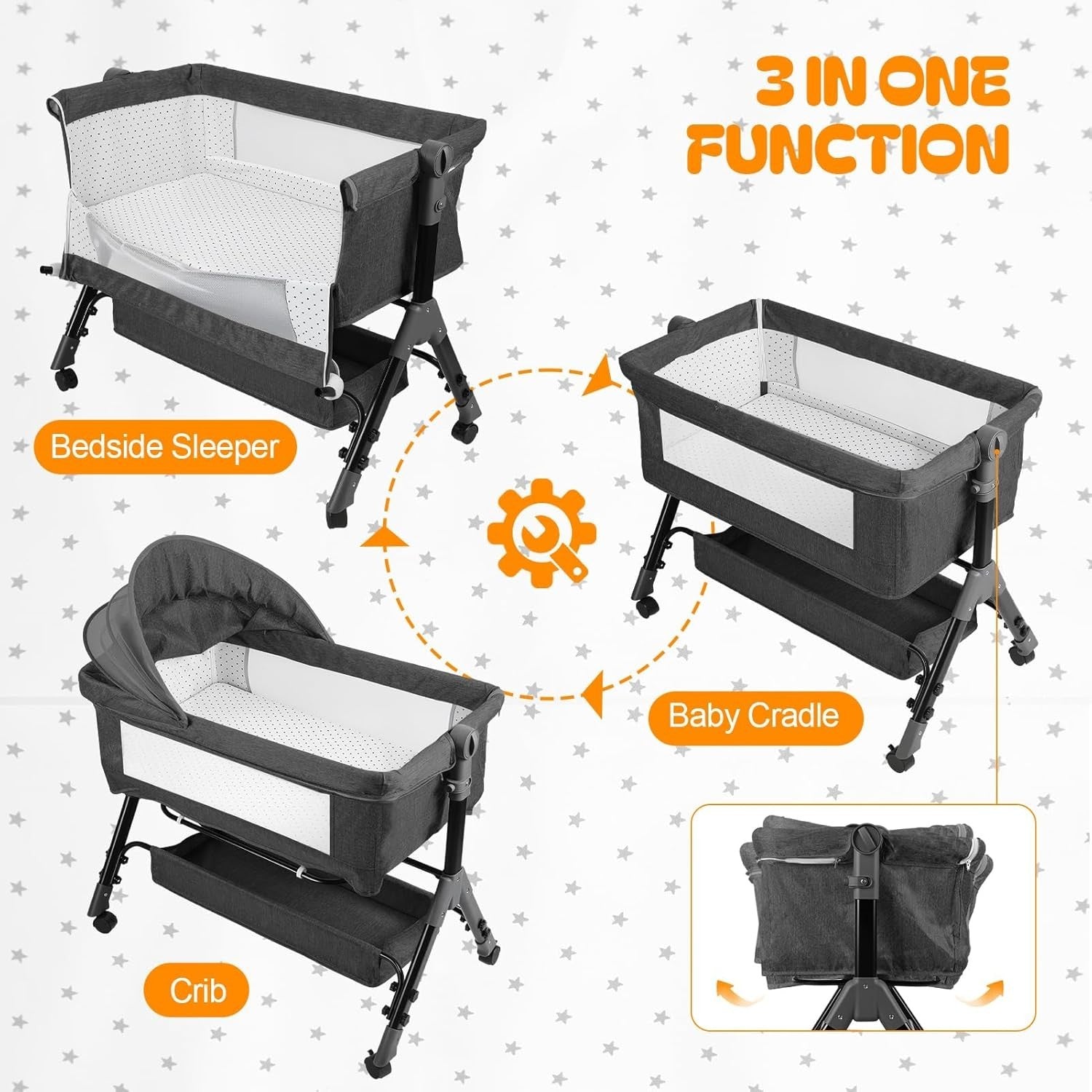 3in1 Baby Crib Bassinet Adjustable Travel Cot with Mattress & Storage Black