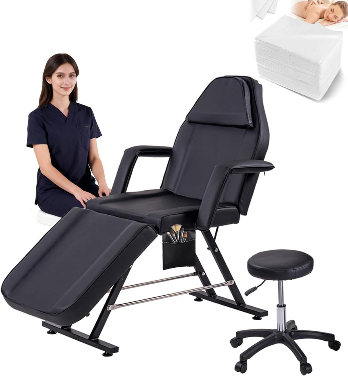 3-Section Adjustable Beauty Massage Bed w/ Stool Sheets Lash Tattoo Spa Table