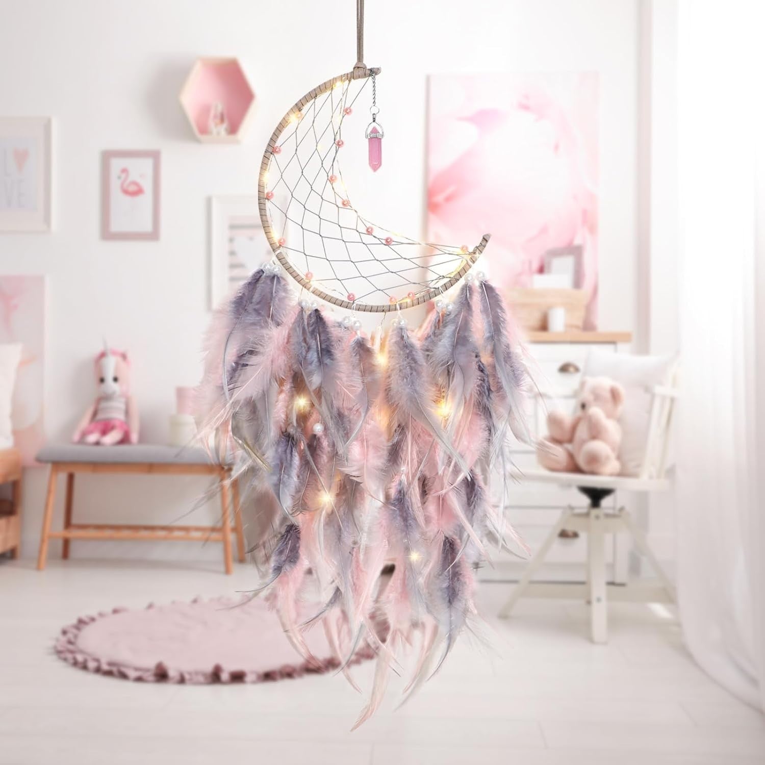Boho Moon Dream Catcher Pink Grey Feathers Fairy Lights Wall Decor