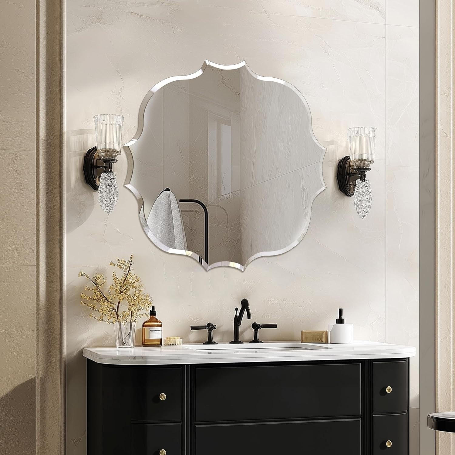 Irregular Wall Mirror 80x80cm Frameless Curved Glass for Bathroom Hallway