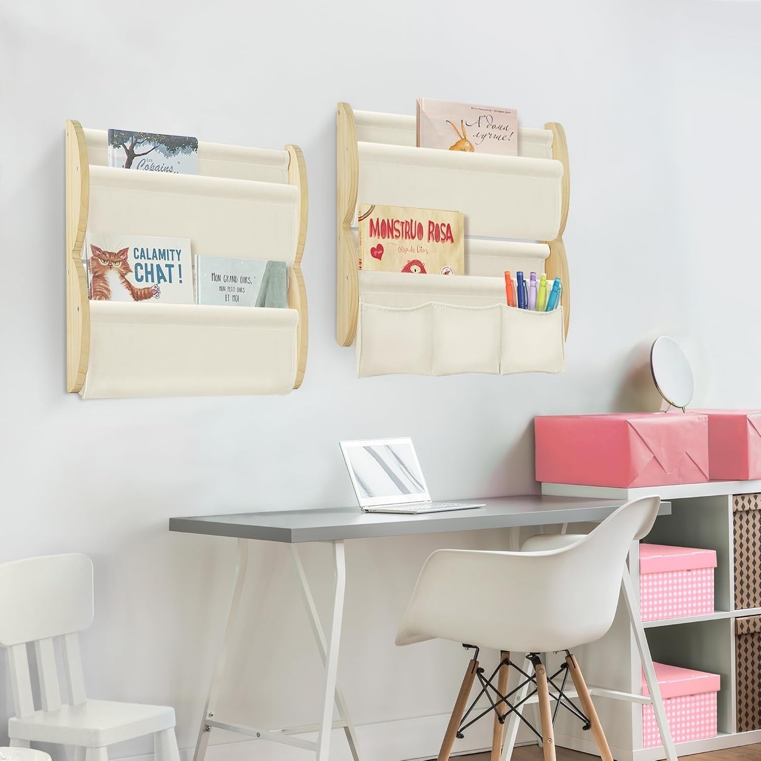 4-Tier Wall Mounted Kids Bookshelf with Fabric Sling & 3 Pockets, Cream