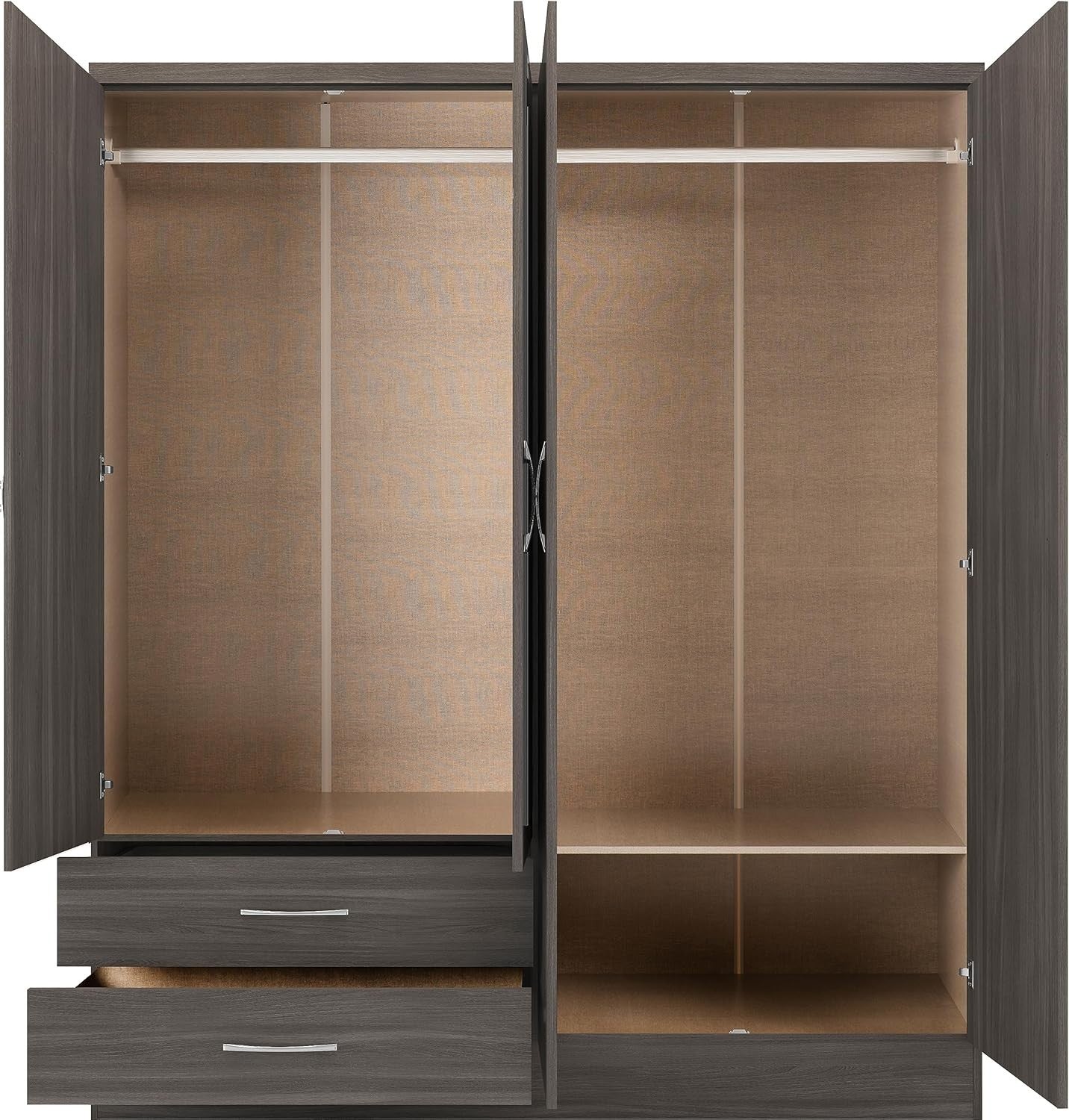 Modern 4 Door 2 Drawer Black Wood Grain Wardrobe with Mirror & Storage