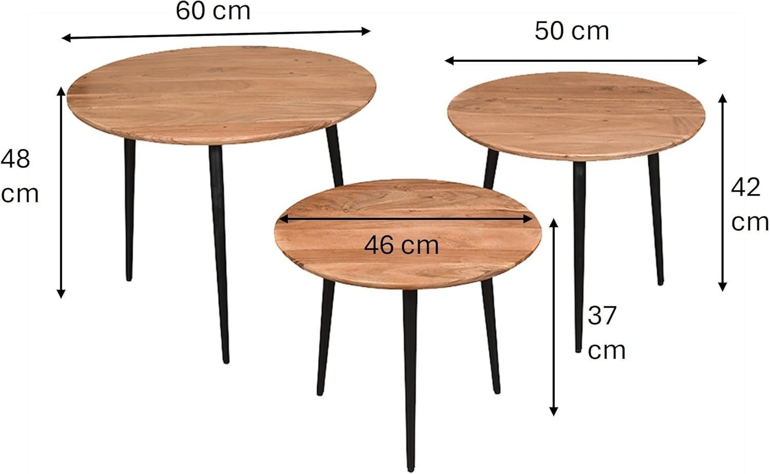 3-Tier Nesting Coffee Table Set Acacia Wood Metal Frame Round Natural Finish
