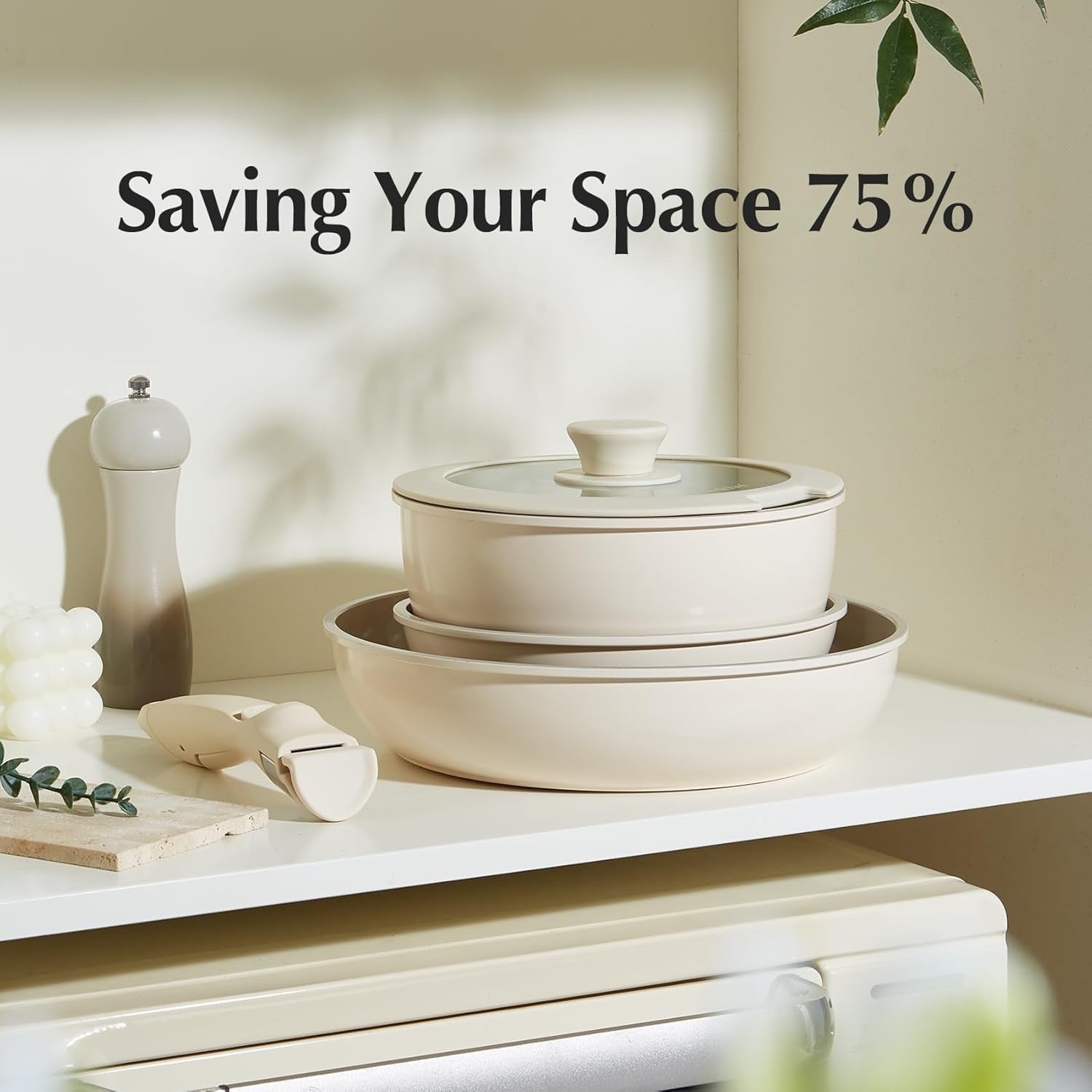 5pcs Beige Non Stick Ceramic Cookware Set with Detachable Handle PFAS PFOA Free