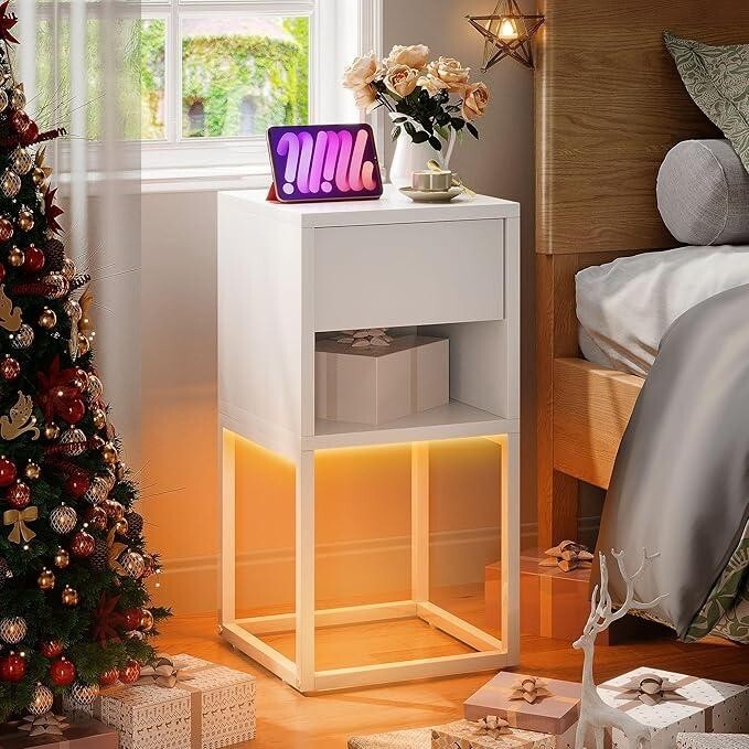 2x LED Bedside Tables White Slim Nightstand Drawer Small Side Table