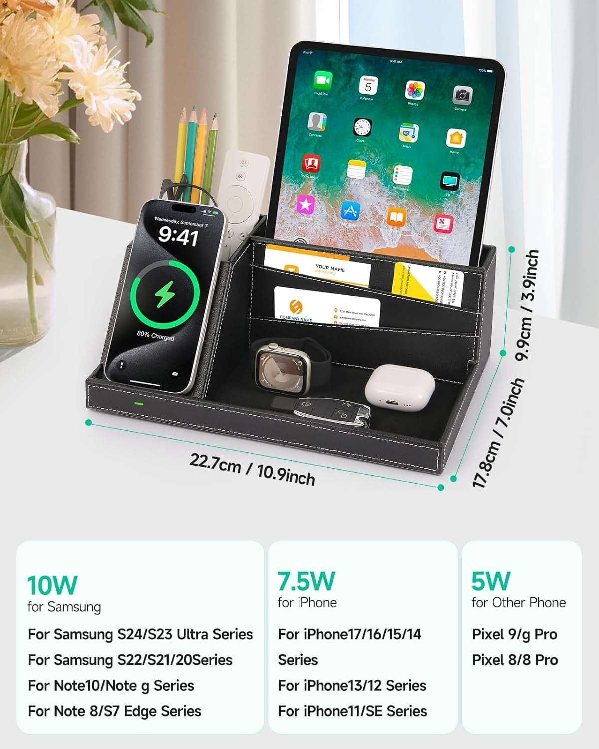 Wireless Charger Desk Organiser Leather Phone Charging Station Valet Tray