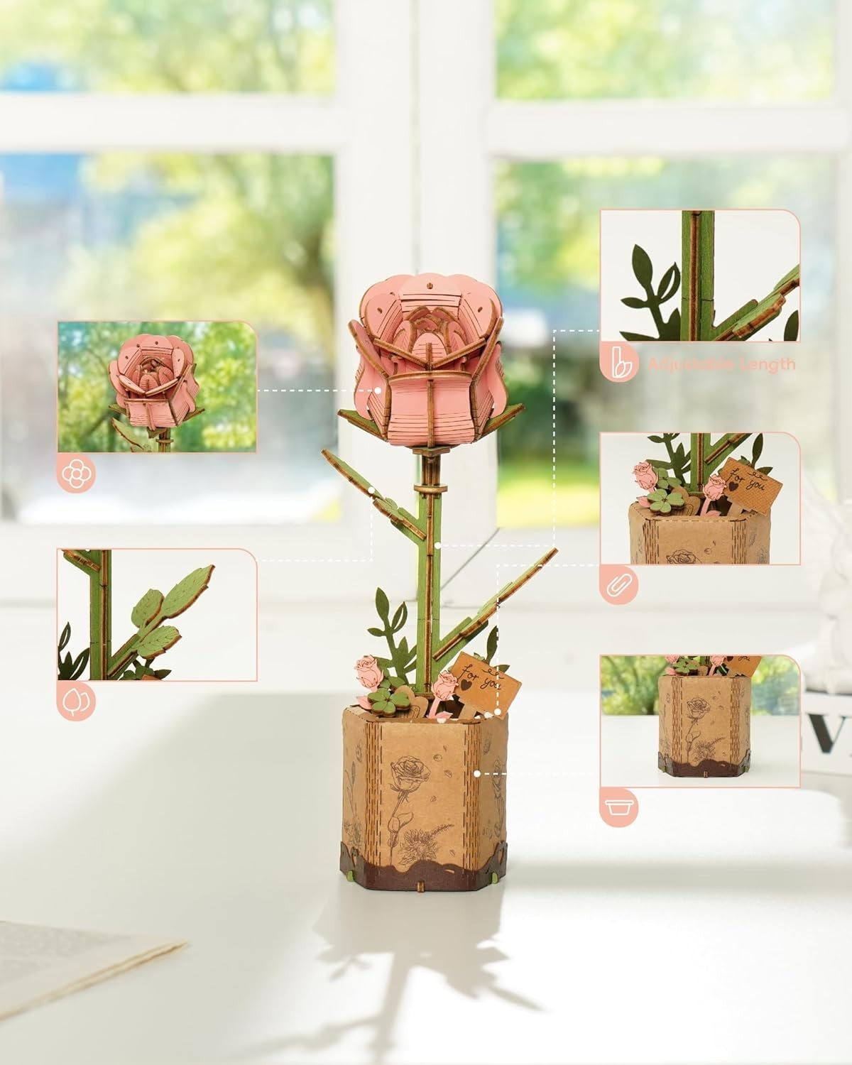 DIY 3D Wooden Pink Rose Flower Puzzle Kit – Relaxing Craft Gift Decor
