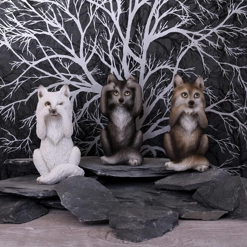 Three Wise Wolf Figurines Resin 10cm Grey Woodland Ornament Gift Home Decor