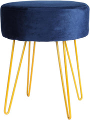 Blue Velvet Round Footstool with Gold Metal Legs – Modern Compact Pouffe