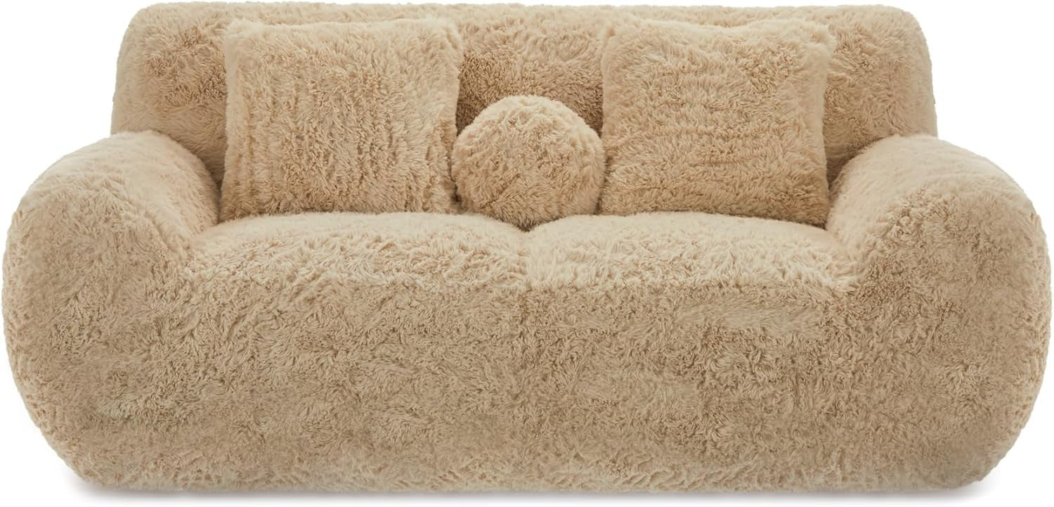 Luxury Fluffy 2 Seater Sofa Faux Fur Modern Round Nordic Beige Couch