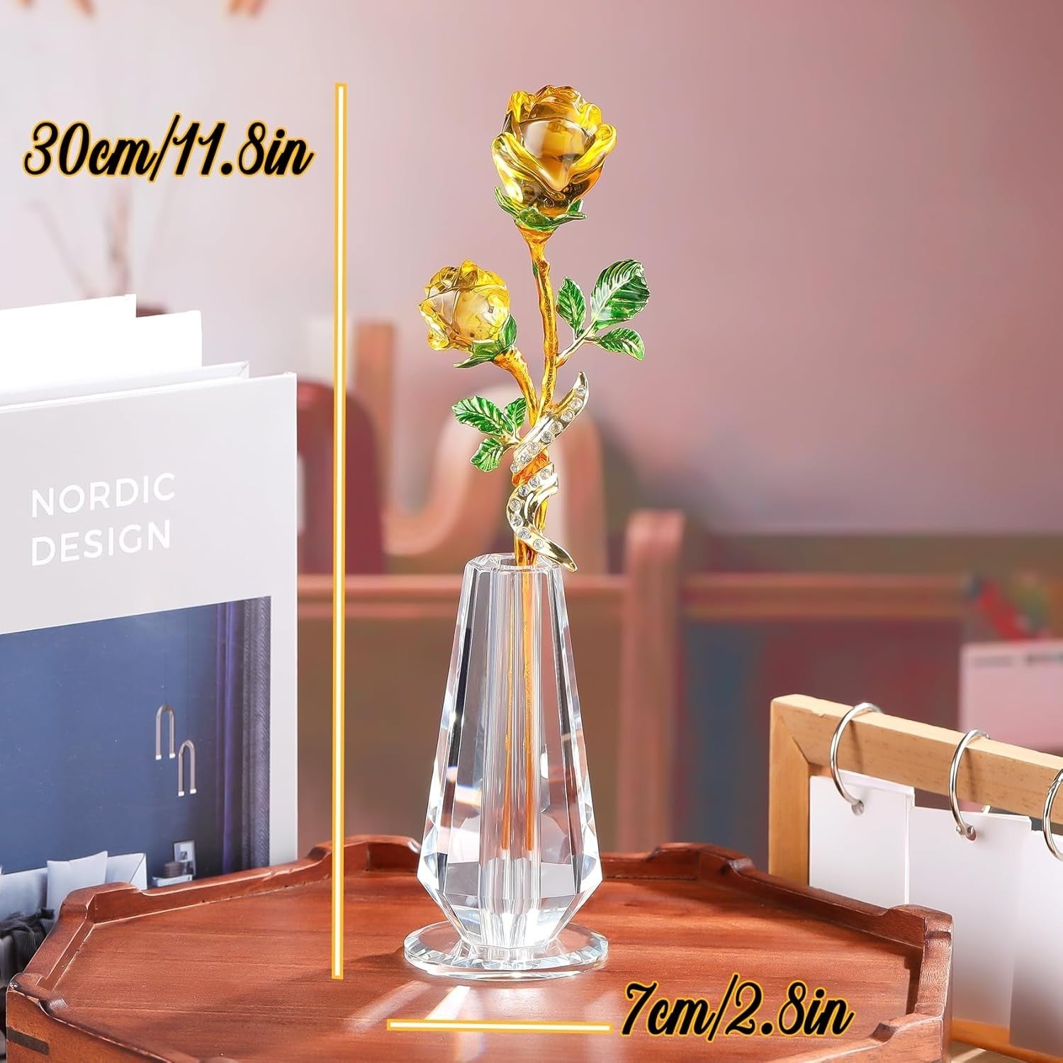 Yellow Crystal Rose Ornament with Vase – Luxury Glass Flower Gift for Her Décor