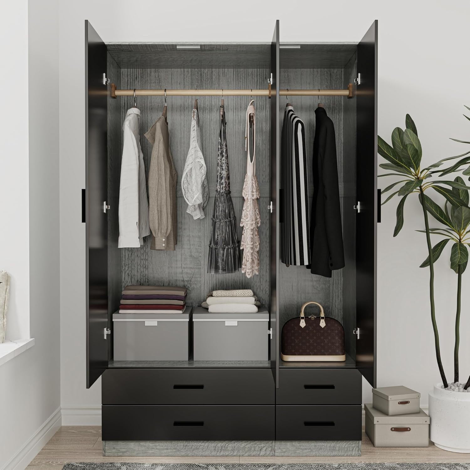 3 Door 4 Drawer Wardrobe Hanging Rail Storage Grey & Black Bedroom Unit