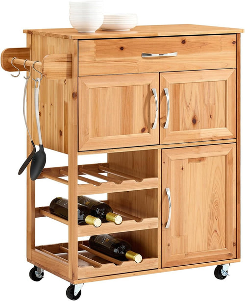 Solid Wood Kitchen Trolley on Wheels Storage Cart Wine Rack Drawer