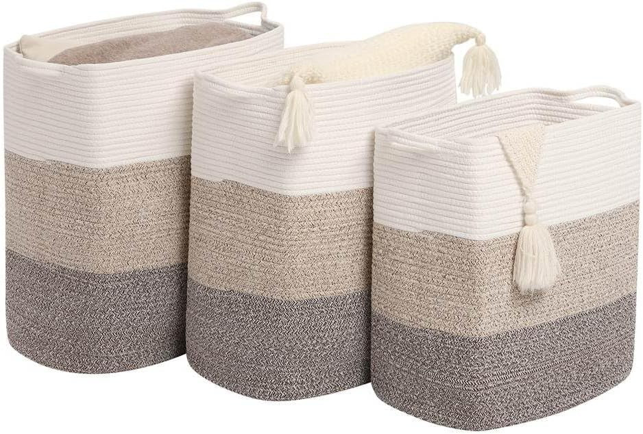 68L Woven Cotton Laundry Basket with Handles Large Gradient Brown Rope Hamper