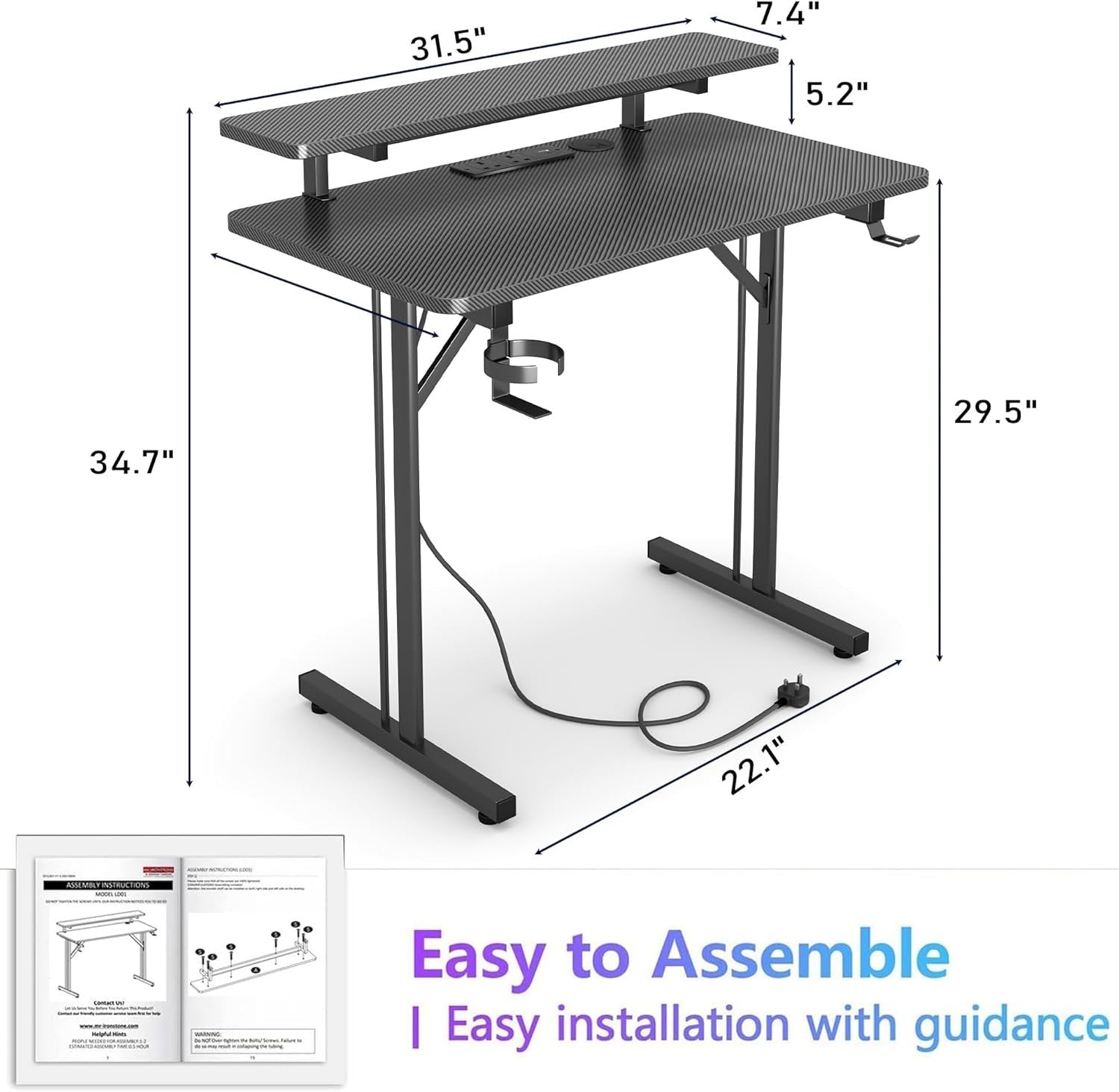 LED Gaming Desk with Power Outlets, Carbon Fiber Computer Table for Home Office