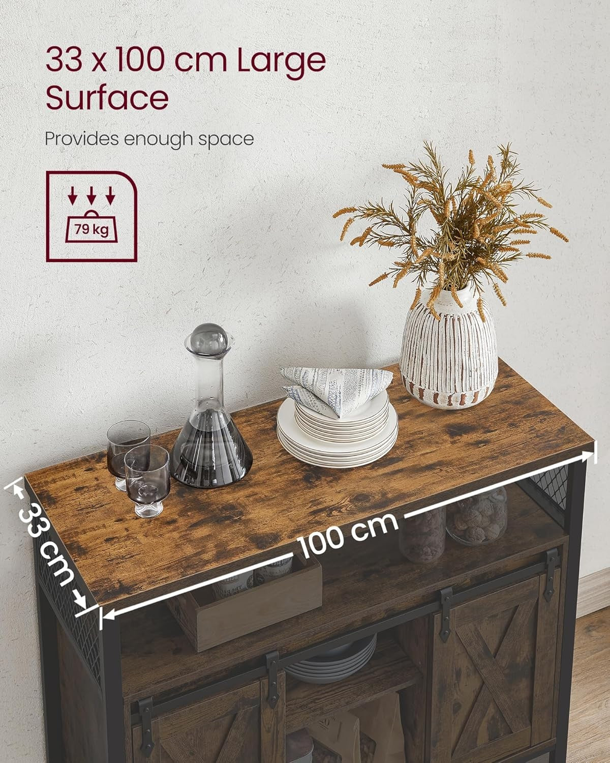 Rustic Brown Industrial Sideboard Cabinet Sliding Doors Storage Unit