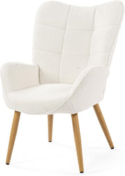 Beige Wingback Armchair Sherpa Fleece Lounge Chair, Padded & Wooden Legs