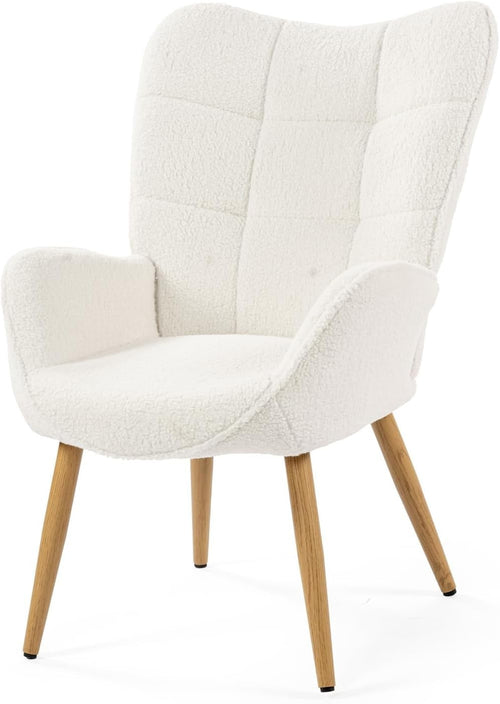 Beige Wingback Armchair Sherpa Fleece Lounge Chair, Padded & Wooden Legs