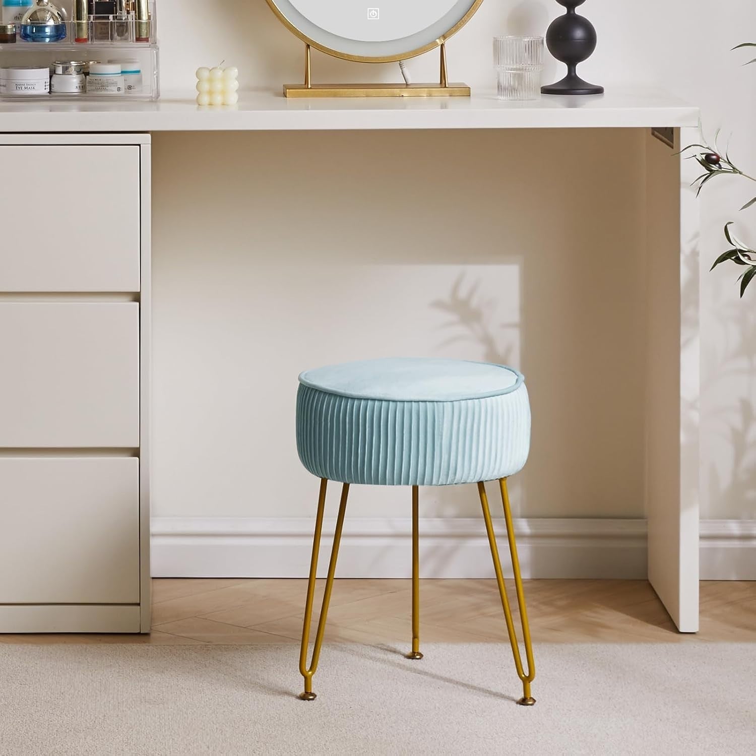Light Blue Velvet Vanity Stool — Round Footstool with Gold Legs