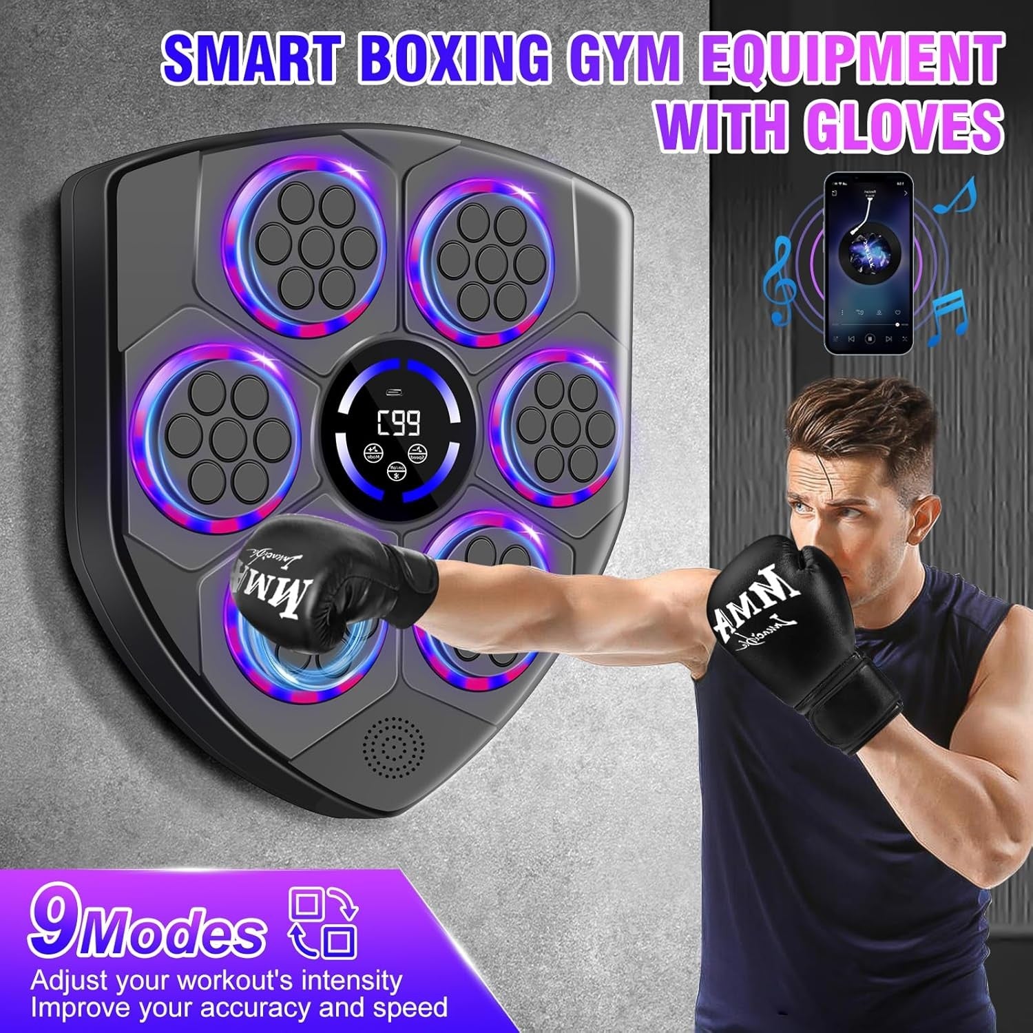 Music Boxing Machine Bluetooth LED Wall Mount Punch Home Gym