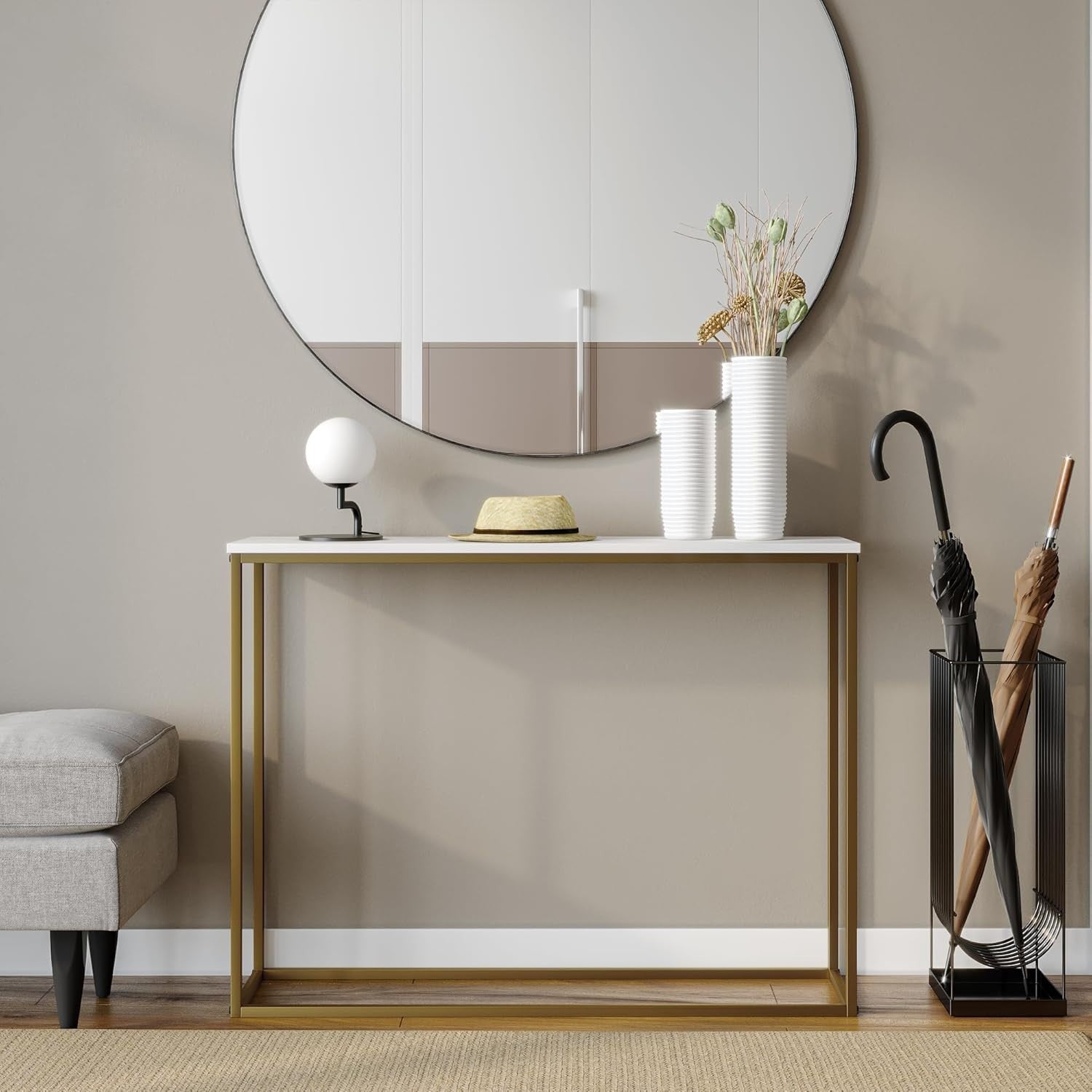 Modern Wooden Hallway Console Table with Gold Metal Legs, 24x100.5x75.5cm