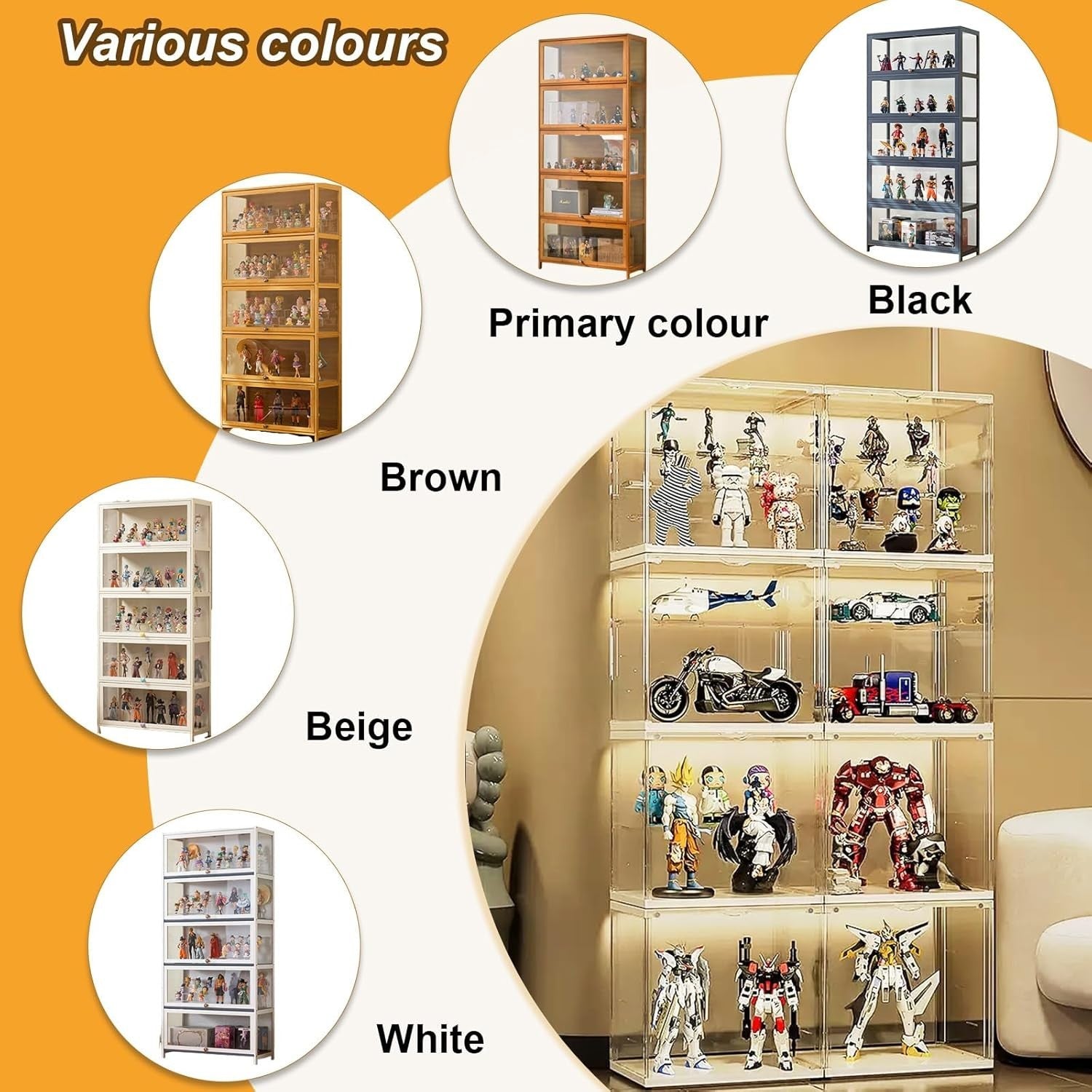 Glass Display Cabinet with Shelves, Lockable Wood Unit for Collectibles