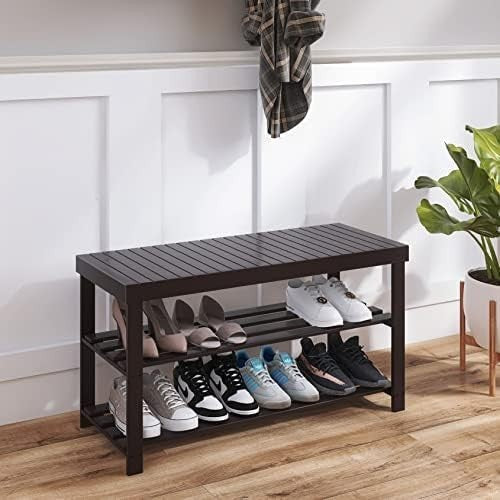 3-Tier Dark Brown Bamboo Shoe Rack Bench with Storage Shelf & Modern Design