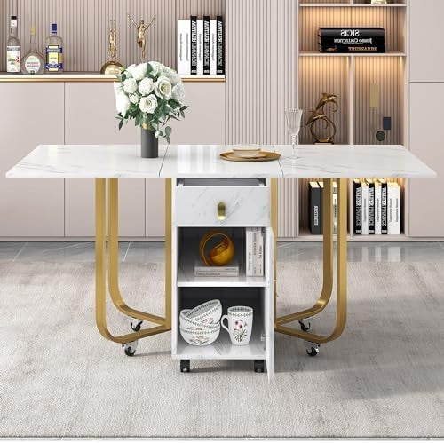 Folding Drop Leaf Dining Table with Cupboard & Drawers Space Saving 150cm White