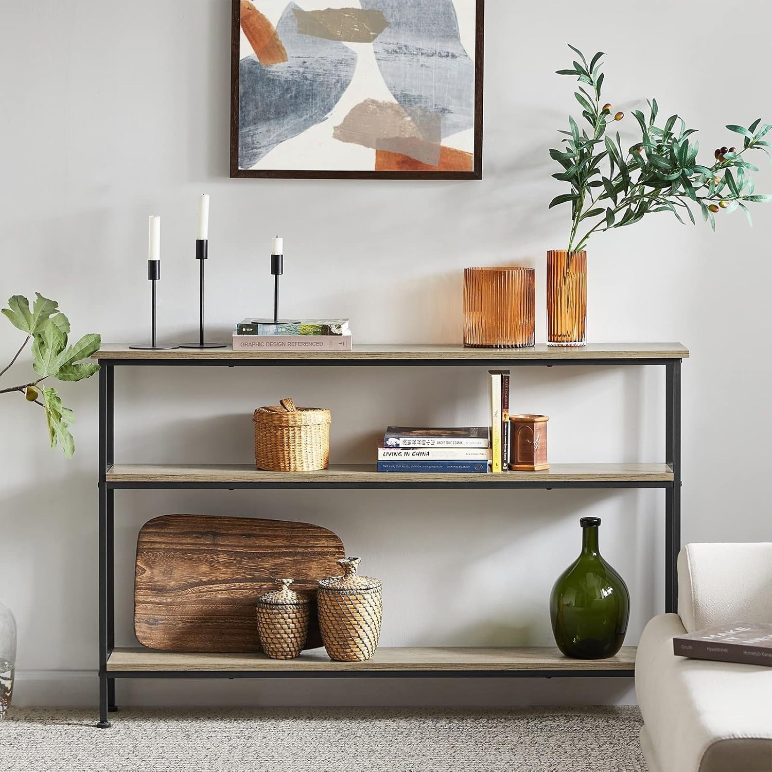 Slim 3-Tier Metal Console Table 120x20x77cm Rustic Storage Shelf