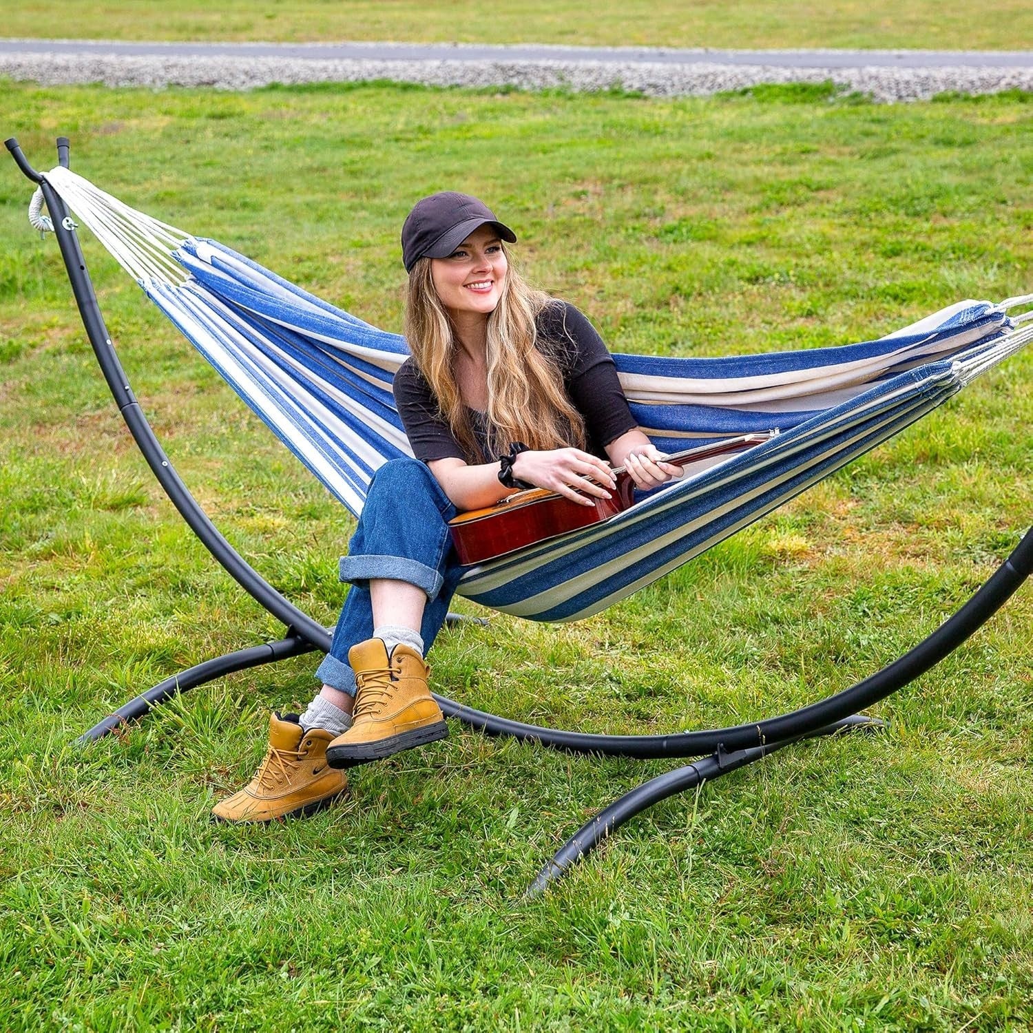 Blue White Hammock with Stand | 2-3 Person 475lb Capacity | Portable Patio Bed