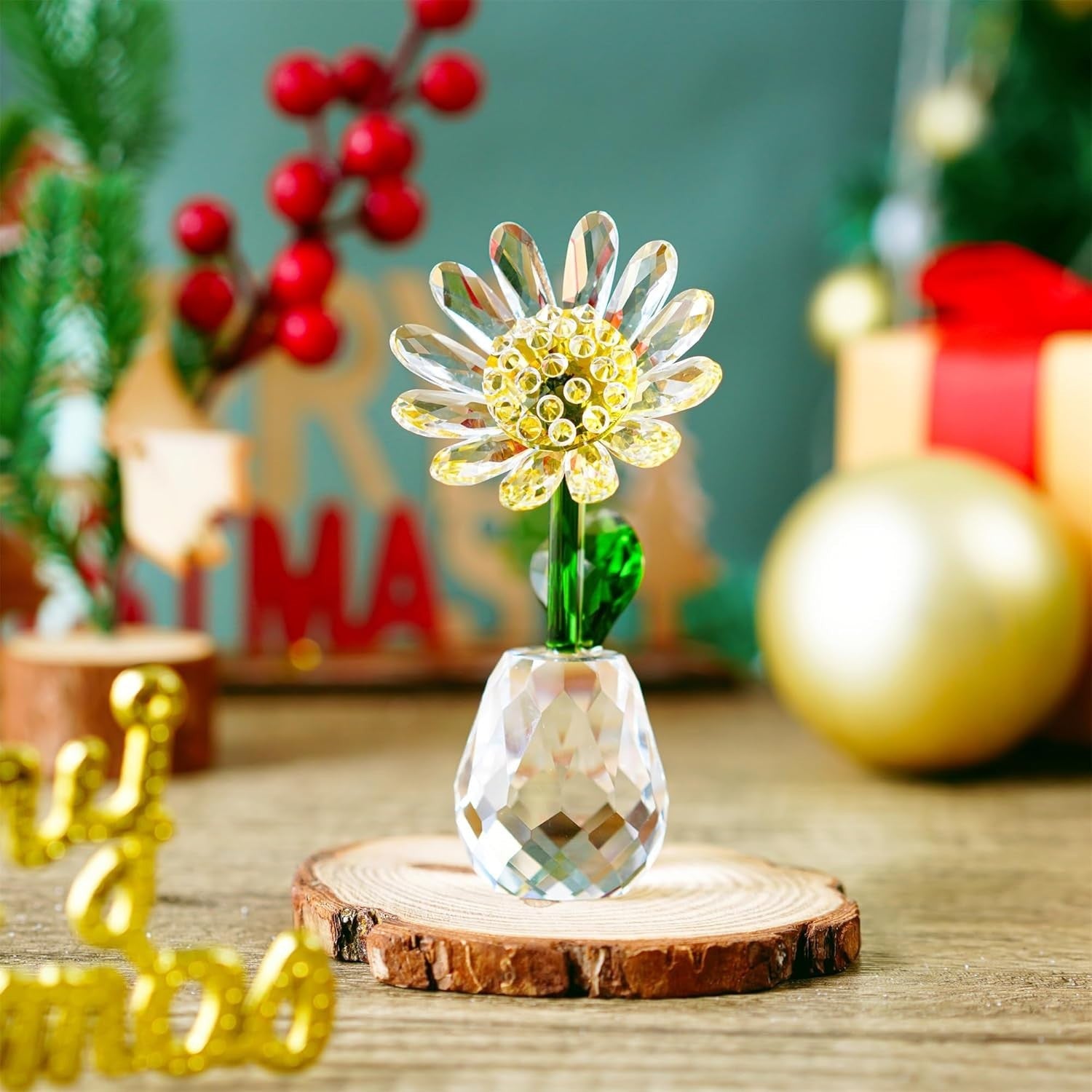 Yellow Crystal Daisy Figurine • K9 Glass Flower Ornament • Elegant Home Décor