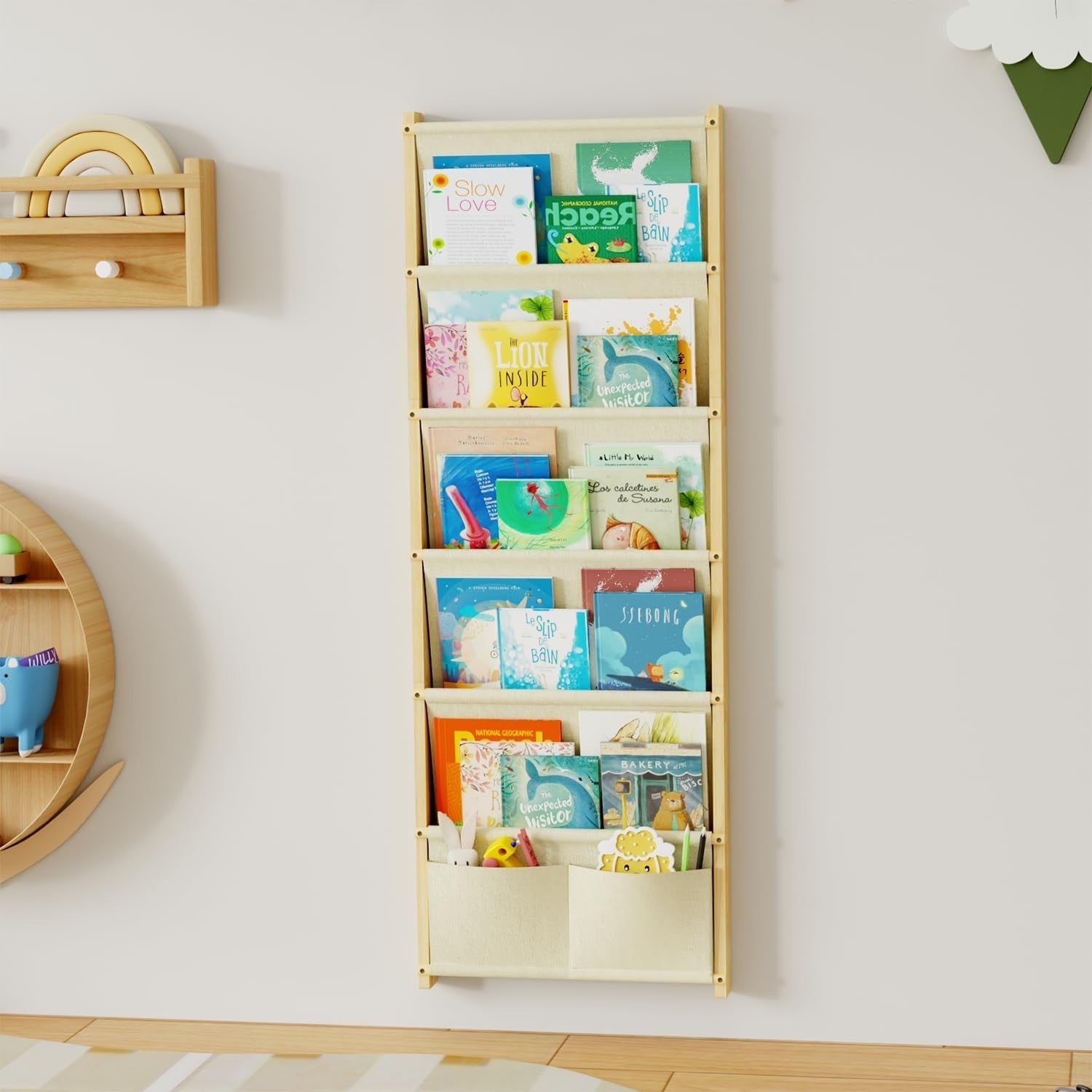 6-Tier Wall Mounted Kids Bookshelf Solid Wood Floating Book Rack Organizer