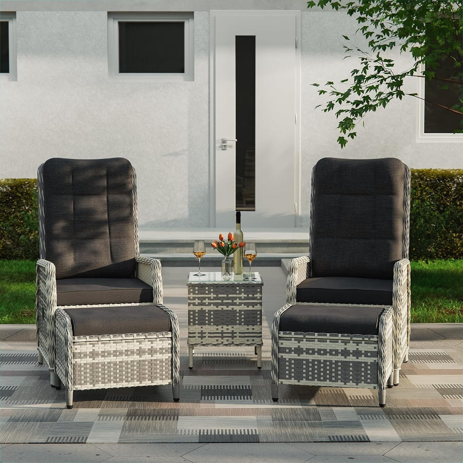 Adjustable Rattan Recliner Patio Set Chairs Stools Coffee Table Outdoor Black