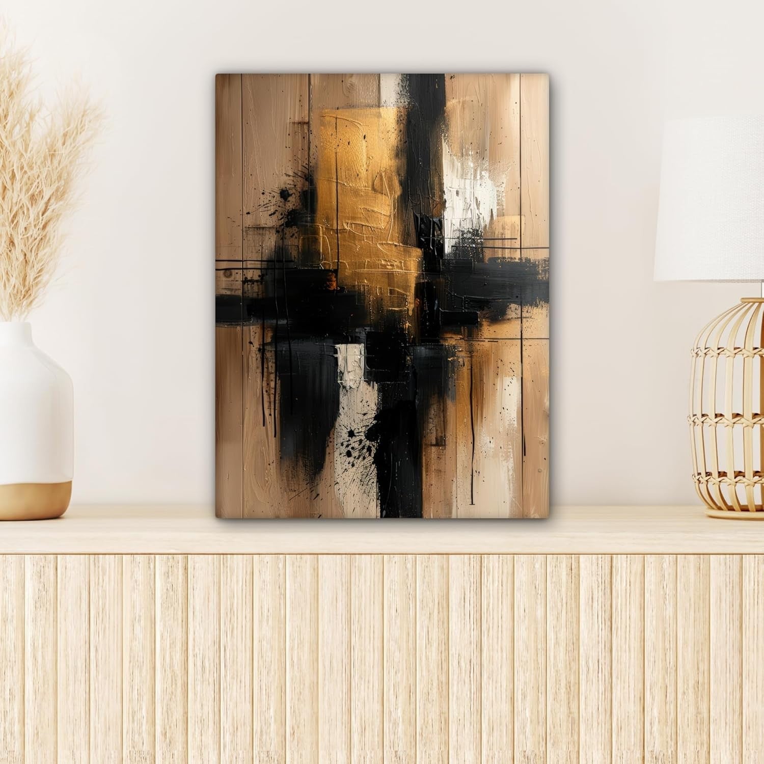 Gold Black Abstract Canvas Wall 30x40cm Framed Modern