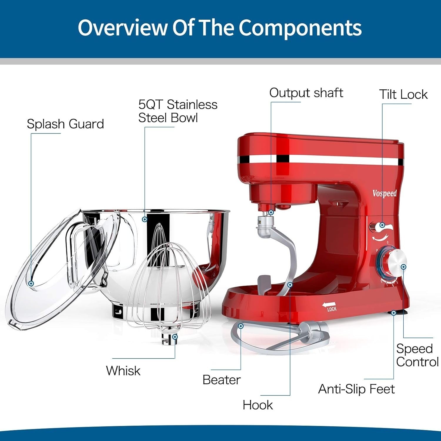 5QT 1000W Stand Mixer 8-Speed Tilt-Head Food Mixer Red Stainless Steel
