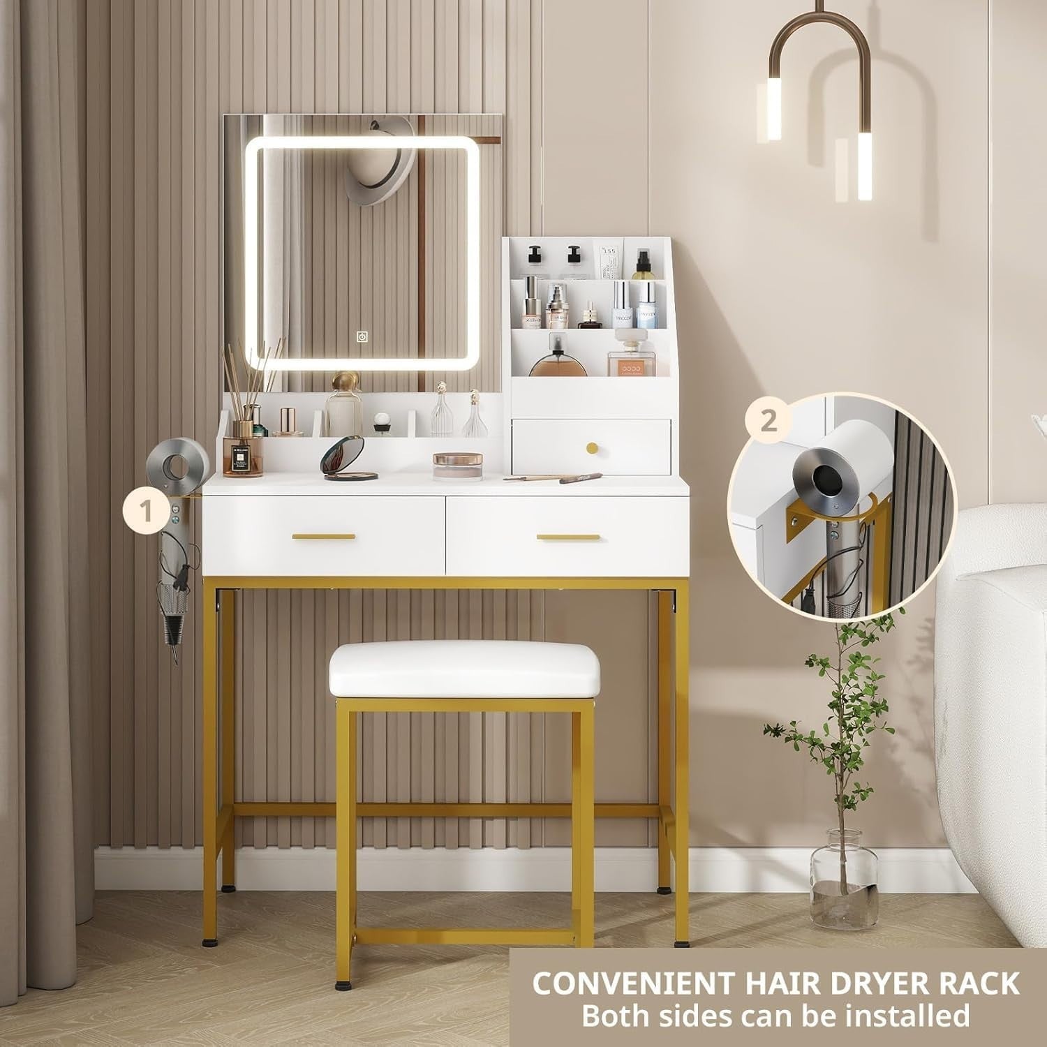 Vanity Makeup Dressing Table with LED Mirror 3-Color Light & Storage White/Gold