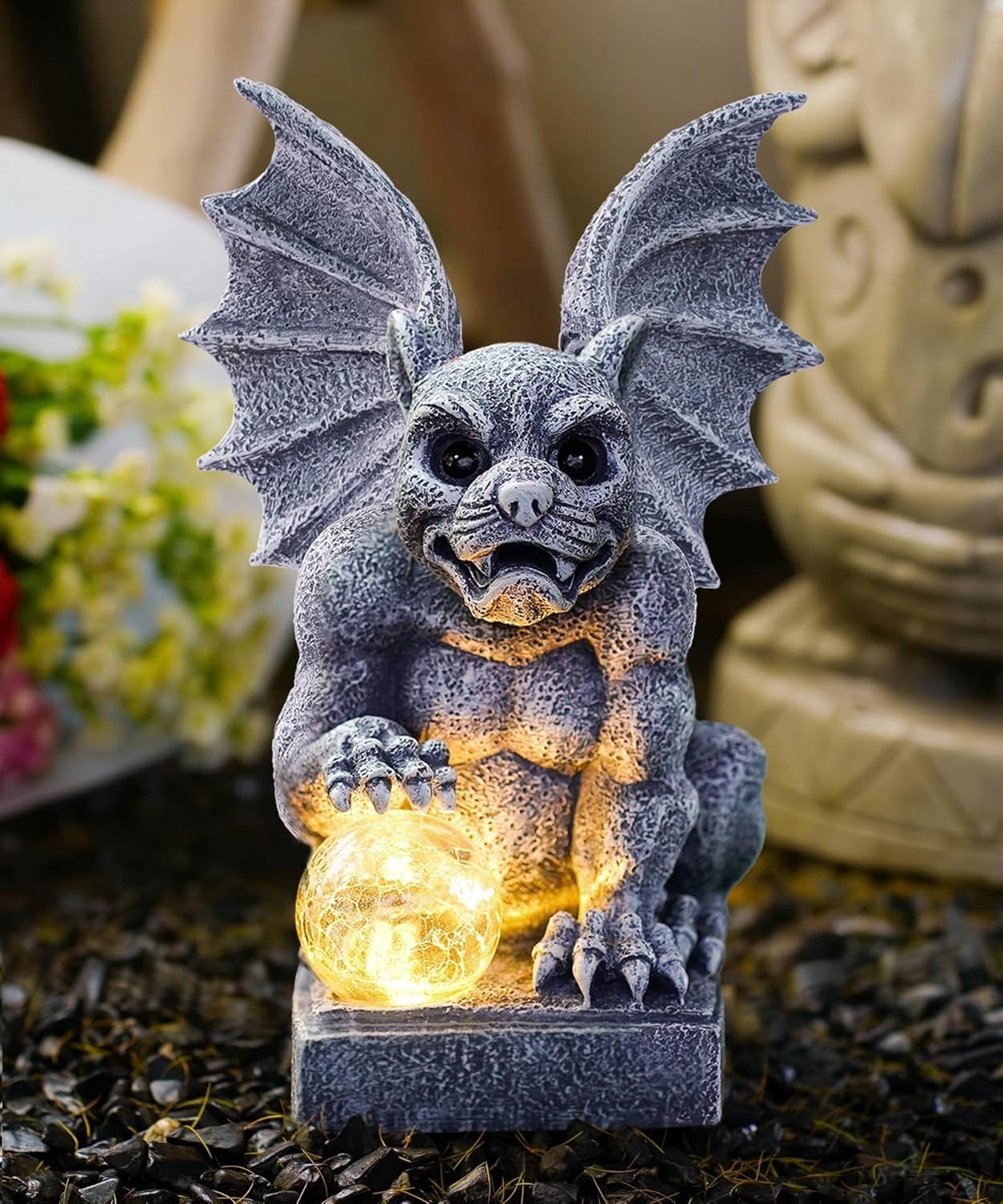 Solar Gargoyle Garden Ornament with LED Ball Light – Waterproof Gothic Statue