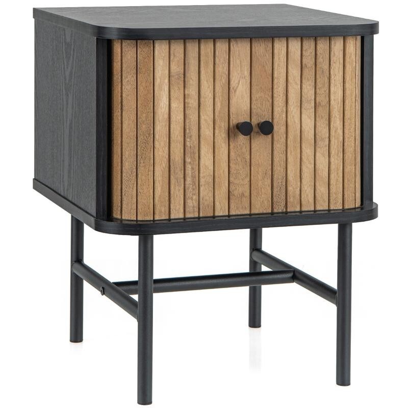 Mid-Century Modern Bedside Table with Sliding Doors & Metal Legs, Black
