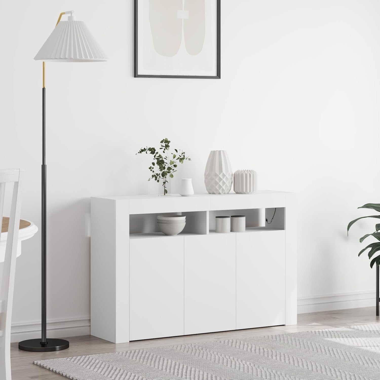 Modern White Sideboard with LED Lighting | Spacious 3-Door Storage Unit